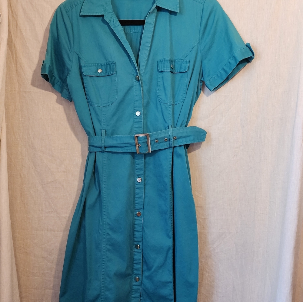 Teal shirtdress, silver accents